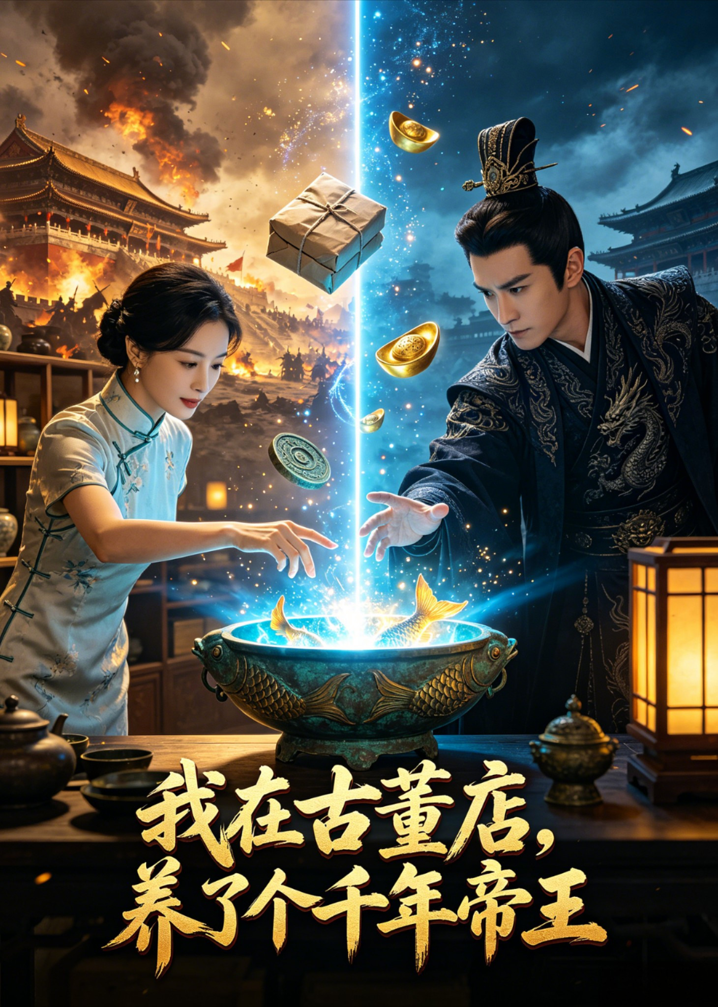短剧《我在古董店，养了个千年帝王》海报